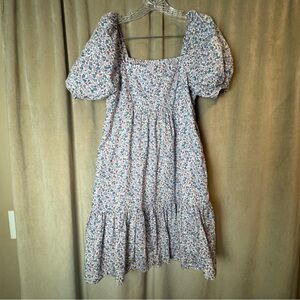 Uniqlo Floral Puff-Sleeve Midi Dress in Lavender XS peasant ruffle cottagecore